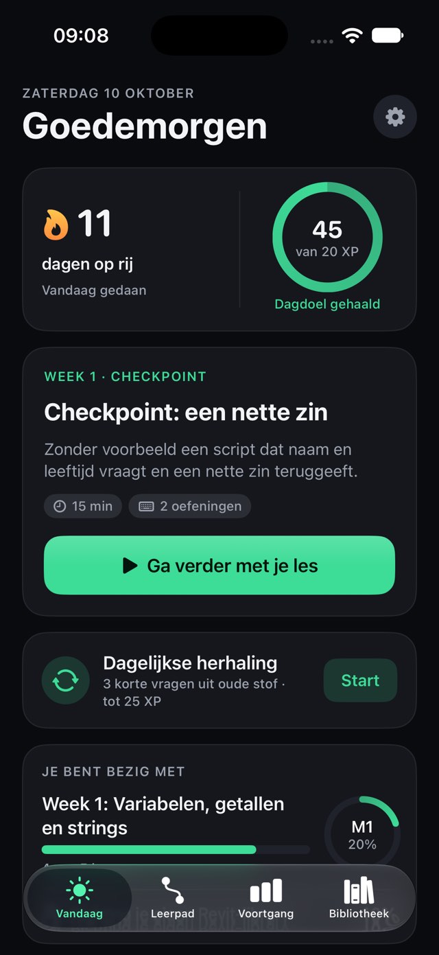 PyPath op de iPhone: het scherm Vandaag met de streak, het dagdoel en de les van vandaag.